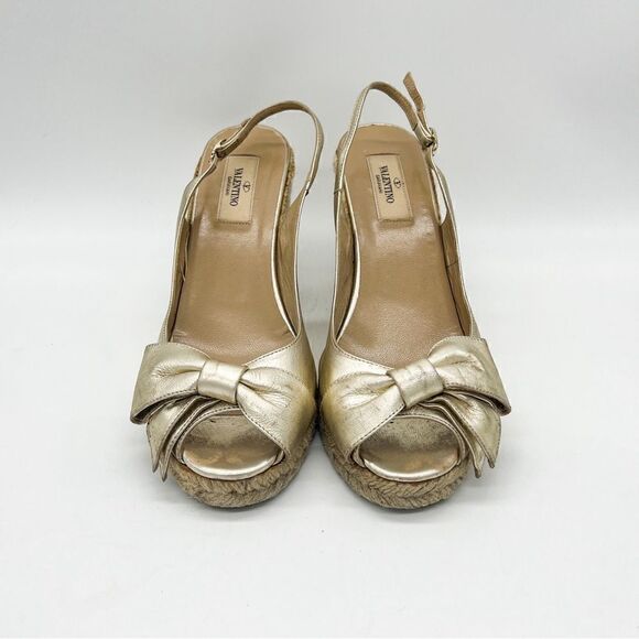 Valentino Garavani “Mena” Peep Toe Espadrille Wedge in Metallic Gold, Size 40 - Picture 2 of 10